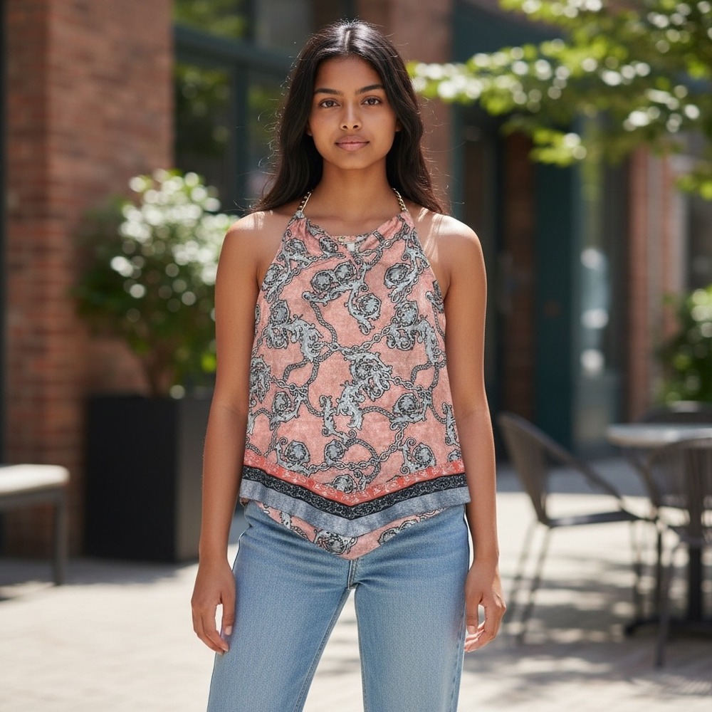VENUS Pink Chain Print Halter Neck Sleeveless Top XS Floral Quiet Luxury‎ Trendy